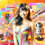 DALL·E 2023-12-29 10.50.45 - A bright and lively digital artwork featuring a Japanese female model in a swimsuit, representing the theme of AI-generated gravure images. The settin